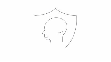 Zihinsel sağlık ve stres yönetimini sembolize eden çalışan bir figürle beyni koruyan bir kalkanın kavramsal çizimi.