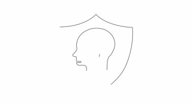 Zihinsel güvenlik ve zihinsel veri korumasını sembolize ederek içinde veri olan bir beyni koruyan bir kalkanın kavramsal çizimi. Açıklık için minimalist tasarım.