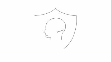 Kavramsal animasyon, yüzde sembolü olan bir beyni koruyan bir kalkan gösteriyor, zihinsel sağlık korumasını ve zihinsel önlemeyi sembolize ediyor..