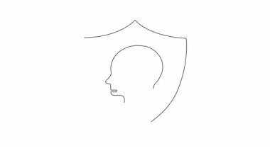 Bir kalkanın minimalist çizgisi, beynin içinde seyahat güvenliğini ve zihinsel güvenliği sembolize eden bir kafa profili içeriyor..