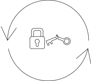 Kilidin yanındaki kırık anahtar, dairesel bir okla çevrili, güvenlik sorunlarını ve çözüm ihtiyacını sembolize ediyor.