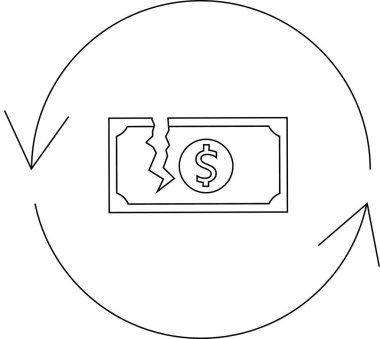 Parasal kaybın sembolik bir temsili, oklarla çevrili yırtık bir doların yer aldığı, bir ekonomik kriz döngüsü ortaya koyan.