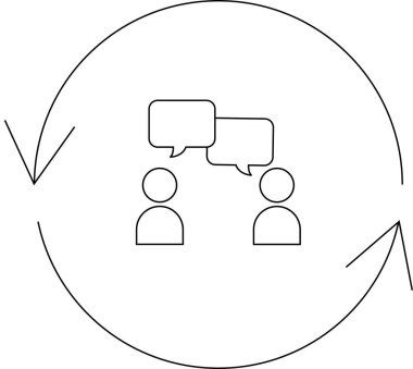 İki insanın konuşma baloncuklarıyla iletişim kurduğu basit bir çizgi çizimi, dairesel bir okla çevrili, geri bildirim ve yinelemeyi simgeliyor..