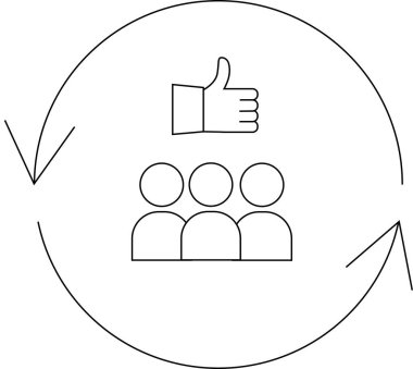 Müşteri geribildirim döngüsünü tasvir eden simge, olumlu müşteri deneyimini ve sürekli gelişmeyi temsil eden başparmaklar ve insanlar.