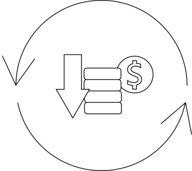 Bir dolar işareti, bozuk paralar ve aşağı doğru ok ile dairesel bir okla çevrili basit bir ikon maliyet düşüşünü gösteriyor..