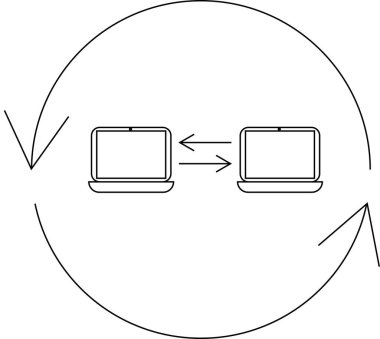 Dairesel bir akış içinde temsil edilen iki dizüstü bilgisayar arasındaki veri senkronizasyonunu tasvir eden resim, sürekli değiş tokuş ve aygıtlar arasındaki bilginin güncellenmesini sembolize ediyor.