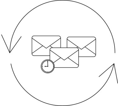 Zarfları, bir saati ve dairesel okları tasvir eden e- posta otomasyon simgesi, otomatik e- posta süreçlerini ve zamanlamayı sembolize eden.