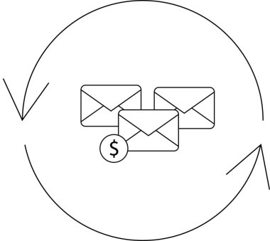 Bir dolar işaretli bir e-posta pazarlama döngüsünün tasviri, gelir neslini ve e-posta kampanyalarının döngüsel doğasını temsil ediyor.