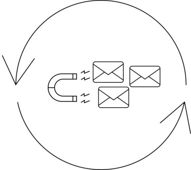E-posta pazarlamasının görsel bir temsili, dairesel akış içinde e-posta zarflarını çeken bir mıknatıs, kurşun nesli ve müşteri ilişkilerini sembolize eden.
