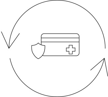 Sağlık sigortası kartı ve kalkan ikonu yenilenme döngüsünde, sağlık koruma ve sürekli kapsamı temsil ediyor.