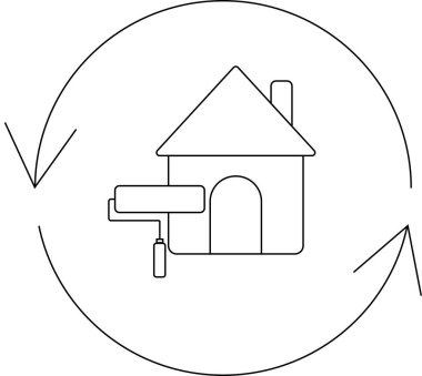 Yuvarlak bir okla çevrelenmiş, ev yenilenmesini ve geliştirmeyi sembolize eden, rulo ile boyanmış bir evi tasvir eden basit bir çizgi çizimi..