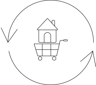 Emlak piyasasını, ev alıp satmayı ve emlak yatırımlarını sembolize eden dairesel oklu bir alışveriş arabasının içinde bir ev..