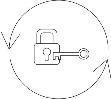 Dairesel bir ok içinde kilit ve anahtarın basit bir çizgisi çizimi, güvenliği, erişimi ve korunmanın döngüsel doğasını sembolize ediyor..