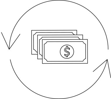 Dolaşımda para tasviri, dairesel bir okla çevrili dolar banknotları, finansal akışı ve ekonomik aktiviteyi sembolize ediyor..