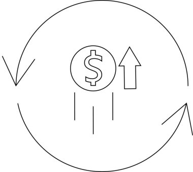 Finansal büyüme, yatırım ve ekonomik faaliyeti sembolize eden, yükselen bir eğilimle para dolaşımını tasvir eden bir çizim. Görüntü bir dolar ve ok içeriyor..