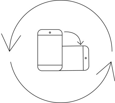 Akıllı telefon dönüşünü tasvir eden bir minimalist çizgi sanat simgesi, teknoloji ve kullanıcı arayüzünde ekran yönelimi değişimi, adaptasyon ve ilgili tasarımı sembolize eder.