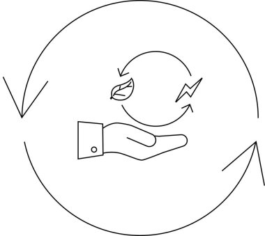 Dairesel bir ok içinde, sürdürülebilir enerji ve çevresel sorumluluğu temsil eden bir yaprak ve yıldırım tutan bir el tasviri.