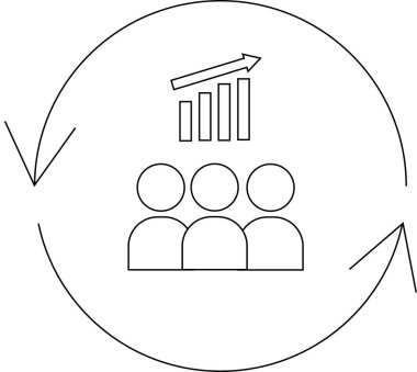 İnsanlarla birlikte tasvir edilen, büyümeye yol açan takım çalışması, yükselen bir grafik ve sürekli gelişmeyi ve işbirlikçi başarıyı simgeleyen dairesel bir ok..