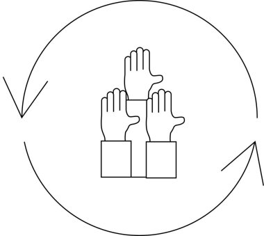 Oklarla dolu bir çemberde toplanmış ellerin tasviri, takım çalışmasını, işbirliğini ve paylaşılan başarının döngüsel doğasını ve sürekli gelişimi temsil ediyor..