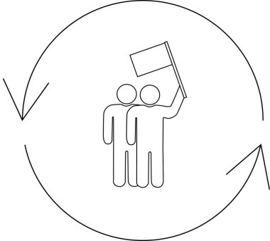 Birinde bayrak tutan, oklarla çevrili, takım çalışmasını, liderliği ve destek ve rehberliğin döngüsel doğasını sembolize eden iki figürün tasviri.