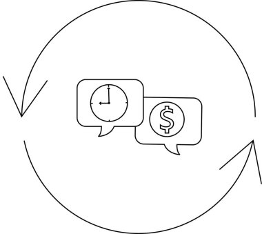 Para karşılığı zaman, değer ve yatırımı simgeleyen, döngüsel bir süreçte zaman değiş tokuşunu tasvir eden basit bir sanat çizgisi çizimi.
