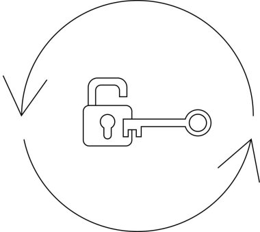 Kilitlenmemiş bir asma kilidin kavramsal çizimi dairesel bir okun içinde bir anahtar ile güvenlik, erişim ve süreçlerin döngüsel doğasını temsil eder..