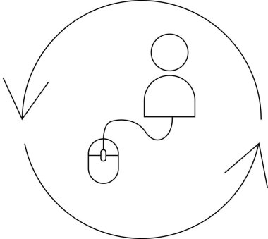Bir kullanıcının dairesel geri bildirim döngüsü içinde bir bilgisayar faresi ile etkileşimini gösteren illüstrasyon, sürekli etkileşimi ve gelişimi sembolize eder.