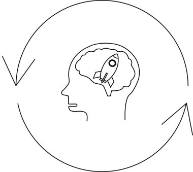 İçinde bir roket olan bir beynin kavramsal çizimi, beyin fırtınasını, yeniliği ve fikir üretimi ve gelişiminin döngüsel doğasını sembolize eder..