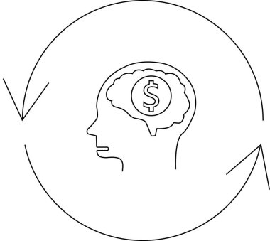 Beynin içinde bir dolar işareti olan bir kafa tasviri, oklarla çevrili, para zihniyeti kavramını temsil ediyor..