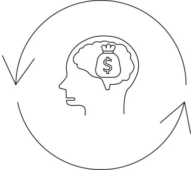 İçinde bir dolar çantası olan, dairesel bir okla çevrili bir beyni gösteren bir para döngüsü..