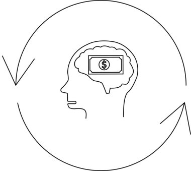 Beynin içinde parası olan, yuvarlak bir okla çevrili bir kafa tasviri para zihniyeti döngüsü kavramını ve sürekli finansal gelişmeyi temsil ediyor..