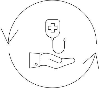 Kan bağışını simgeleyen, dairesel bir ok içinde kan torbası sunan, verme ve alma döngüsünü temsil eden, minimalist bir çizginin çizgisi..