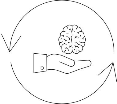Oklarla çevrelenmiş, zihinsel sağlık desteği ve bilişsel süreçleri sembolize eden, bir elin üzerinde dinlenen bir beynin minimalist çizgisi..