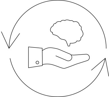 Beyin fırtınası, bilgi alışverişi ve fikir üretiminin kavramsal çizimi, sürekli akış ve geribildirim gösteren dairesel oklu bir beyni tutan bir el..