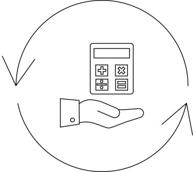 Dairesel oklarla çevrili, iş ve kişisel finans alanında finansal planlamayı, hesaplamayı ve sürekli değerlendirmeyi sembolize eden, açık bir elde dinlenen bir hesap makinesi..