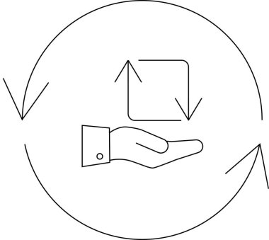 Oklarla bir kare sunan, dairesel ekonomiyi ve sürdürülebilir uygulamaları sembolize eden basit bir el çizgisi resim çizimi.