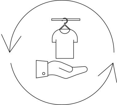 Dairesel modayı temsil eden minimalist bir ikon, dairesel bir ok içinde askıda kıyafet sunan bir el, yeniden kullanımı ve sürdürülebilirliği simgeliyor..