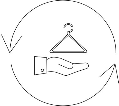 Giysi bağışı ve geri dönüşümü tasvir eden basit bir çizgi çizimi, dairesel bir ok içinde bir askı sunan bir el..