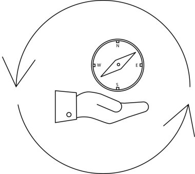 Oklarla çevrili, açık bir elde dinlenen bir pusula döngüsel bir süreçte yön ve rehberliği sembolize eder..