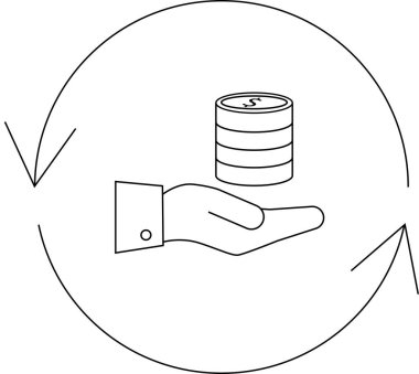 Dairesel oklarla çevrili madeni para yığınını tutan bir el. Finansal bir döngüyü ya da yatırım iadesini simgeliyor..