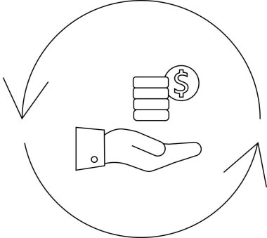 Bir el, üzerinde dolar işareti olan, yuvarlak oklarla çevrili bir yığın bozuk para alır, bu da finansal bir döngüyü simgeler..