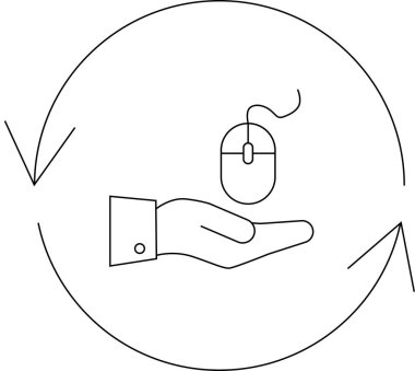 Bir bilgisayar faresini dairesel oklarla tutan, teknolojiyi, yeniliği ve kullanıcı etkileşimini sürekli olarak temsil eden bir el tasviri.