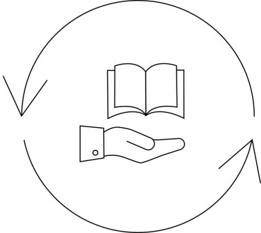 Dairesel oklarla çevrili bir kitabı sunan bir el bilgi paylaşımını ve basit bir sanat tarzında sürekli öğrenmeyi sembolize eder..