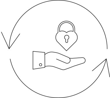 Yuvarlak oklarla çevrili kalp şeklinde bir kilit sunan bir el. Güvenliği, korumayı ve güven ve güvenin döngüsel doğasını simgeliyor..