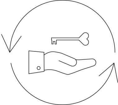 Dairesel oklarla çevrili, erişimi, güvenliği veya değiş tokuşu sembolize eden anahtarı tutan bir elin simgesi.