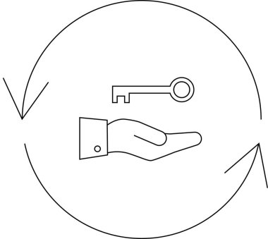Dairesel oklarla anahtarı tutan bir elin tasviri, erişimi ya da çözümü sembolize ediyor.
