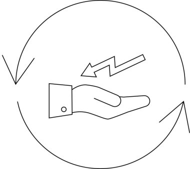 Dairesel oklarla çevrili, enerji transferini ya da değiş tokuşunu sembolize eden, yıldırım tutan bir eli tasvir eden minimalist bir sanat çizgisi..