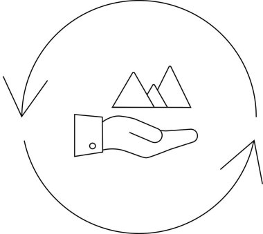 Bir geri dönüşüm sembolü içinde dağları tutan, çevresel sorumluluğu, sürdürülebilirliği ve koruma çabalarını temsil eden bir el. Çevre dostu uygulamalar için çizgi çizimi.