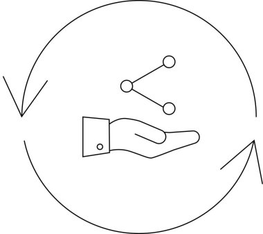 Daire şeklinde okları olan bir ağ simgesini tutan bir el, sürekli bir döngü içinde paylaşımı ve işbirliğini sembolize ediyor.