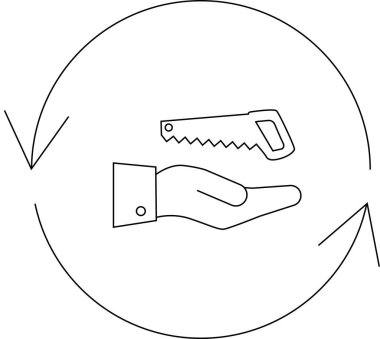 Sürdürülebilir uygulamaları ve sorumlu kaynak yönetimini temsil eden dairesel geri dönüşüm sembolünün içinde testereyi tutan bir elin resmi.